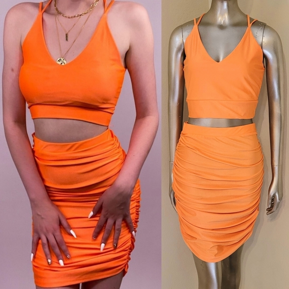 NWT Dopamine Orange Strappy Crop Top & Ruched Mini Skirt Size L